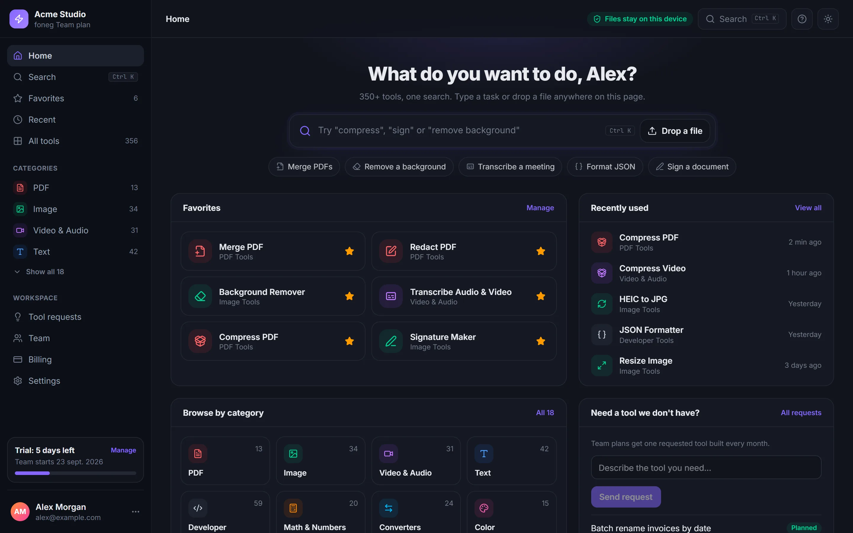 The foneg workspace in dark mode